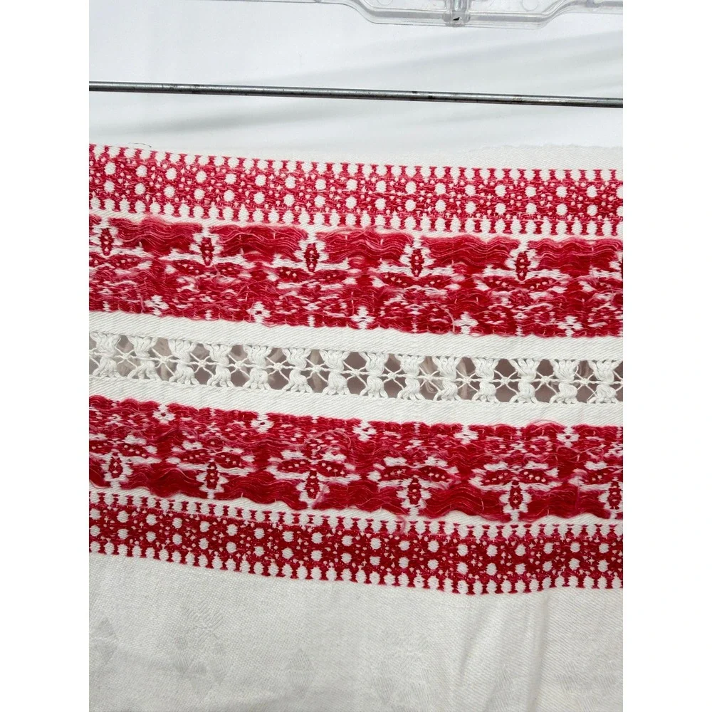 VTG Tea Towel Dresser Scarf Table Runner Red White Embroidered Fringe Boho